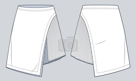 Illustration for Pleated Skirt technical fashion illustration. Mini Skirt fashion flat technical drawing template, asymmetric, side zipper, front and back view, white, women CAD mockup. - Royalty Free Image