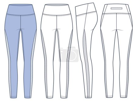 Illustration for Leggings pants technical fashion illustration. Mesh Leggings fashion flat technical drawing template, high waist, front, side and back view, white, blue color, women CAD mockup set. - Royalty Free Image