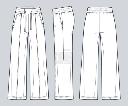 Illustration for Wide leg Pants fashion flat technical drawing template. Sweat Pants with arrows technical fashion illustration, oversize, elastic waistband, front, side and back view, white, women, men, unisex CAD mockup. - Royalty Free Image