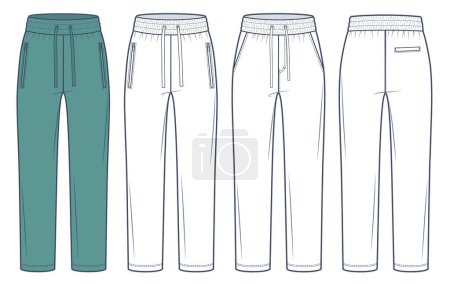 Illustration for Jogger Pants fashion flat technical drawing template. Sweat Pants technical fashion Illustration, relaxed fit, straight leg, pockets, elastic waistband, front, back view, white, green, women, men, unisex CAD mockup set. - Royalty Free Image