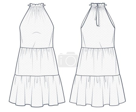 Illustration for Mesh Dress technical fashion illustration. Sheer Tiered Dress fashion flat technical drawing template, halter, mini lengths, beads mesh, relaxed fit, front and back view, white, women CAD mockup. - Royalty Free Image