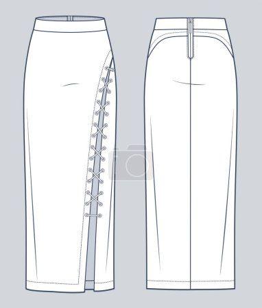 Illustration for Lace Up Skirt technical fashion illustration. Maxi Skirt fashion flat technical drawing template, asymmetric, front slit, back zipper, slim fit, front and back view, white, women Skirt CAD mockup. - Royalty Free Image