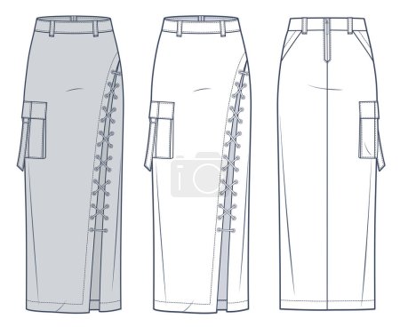 Illustration for Lace Up Skirt technical fashion illustration. Maxi Skirt fashion flat technical drawing template, asymmetric, front slit, back zipper, pocket, slim fit, front and back view, white, grey, women CAD mockup set. - Royalty Free Image