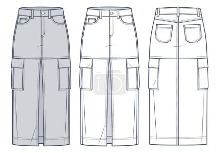 Illustration for Cargo midi Skirt technical fashion illustration. Denim Skirt fashion flat technical drawing template, front slit, midi length, pockets, front zip-up, front and back view, white, grey, women CAD mockup set. - Royalty Free Image