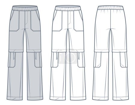 Illustration for Cargo Joggers fashion flat technical drawing template. Sweat Pants technical fashion Illustration, relaxed fit, straight leg, pockets, elastic waistband, front, back view, white, grey, women, men, unisex CAD mockup set. - Royalty Free Image