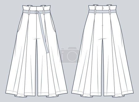 Skirt Pants technical fashion illustration. Culottes Wide Skirt Pants fashion flat technical drawing template, pleats, back zipper, pocket, belt, front and back view, white, women, men, unisex CAD mockup.