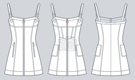 Illustration for Corset mini Dress technical fashion Illustration. Zipped Dress with buckle straps fashion flat technical drawing template, slim fit, pockets, front and back view, white, women CAD mockup set. - Royalty Free Image