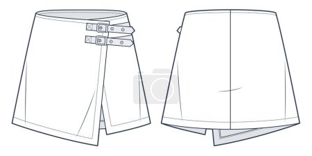 Illustration for Wrap mini Skirt technical fashion illustration. Buckled Skirt fashion flat technical drawing template, A-line, front and back view, white, women, men, unisex Skirt CAD mockup. - Royalty Free Image