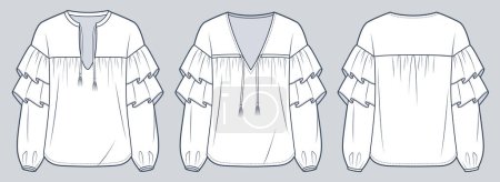 Illustration for Women Ruffle Blouse technical fashion Illustration. Bohemian tie Blouse fashion flat technical drawing template, v-neck, balloon long sleeve, front and back view, white, women Top CAD mockup set - Royalty Free Image