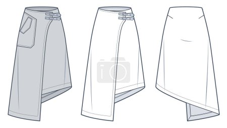 Illustration for Asymmetric wrap Skirt technical fashion illustration. Set of Skirts fashion flat sketch template, midi lengths, A-line, buckled, pocket, front and back view, white, grey, women CAD mockup set. - Royalty Free Image