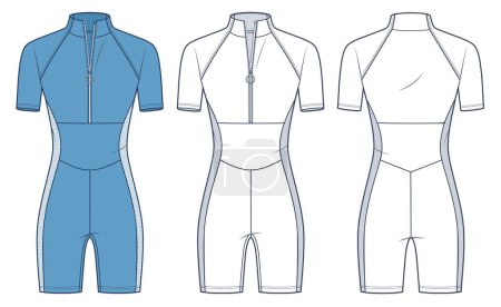 Illustration for Sports Bodysuit with mesh trim technical fashion illustration. One Piece Swimsuit fashion flat technical drawing template, slim fit, short sleeve, front and back view, white, blue, women, men, unisex Sportwear CAD mockup set. - Royalty Free Image