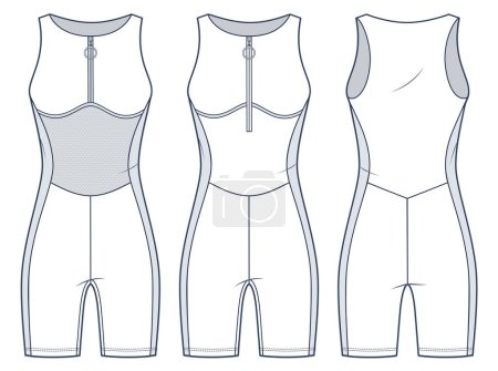 Illustration for Sports Bodysuit with mesh trim technical fashion illustration. One Piece Swimsuit fashion flat technical drawing template, zipper, slim fit, front and back view, white, women Sportswear CAD mockup set. - Royalty Free Image