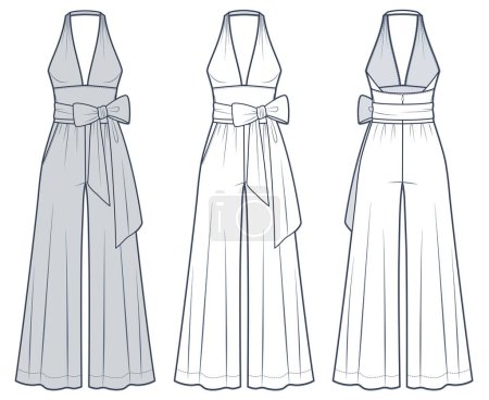 Illustration for Bow Jumpsuit technical fashion Illustration. Wide Leg Jumpsuit fashion flat technical drawing template, drapery, pockets, halter neck, v-neck, zip-up, belted, front and back view, white, grey, women CAD mockup set. - Royalty Free Image