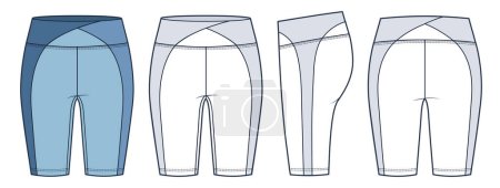 Illustration for Cycling Shorts fashion flat technical drawing template. Short Leggings technical fashion illustration, front, side, back view, white, blue, women, men, unisex Activewear CAD mockup set. - Royalty Free Image