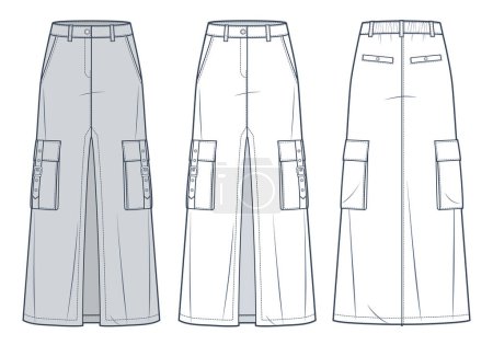 Illustration for Cargo Long Skirt technical fashion illustration. Front Slit Skirt fashion flat technical drawing template, maxi length, pockets, A-line, elastic waist, front and back view, white, grey, women CAD mockup set. - Royalty Free Image