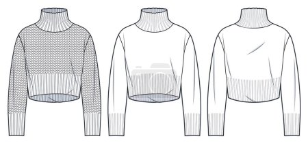 Illustration for Roll Neck Sweater technical fashion illustration. Cropped Sweater fashion flat technical drawing template, roll neck, long sleeve, relaxed fit, front and back view, white, women, men, unisex Top CAD mockup set. - Royalty Free Image