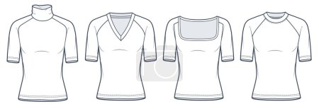 Camiseta Raglan Sleeve ilustración técnica de moda. Slim Fit T-Shirt plantilla de dibujo técnico plano de moda, cuello redondo, cuello rollo, cuello cuadrado, cuello en v, vista frontal, blanco, mujeres Top CAD conjunto de maquetas.