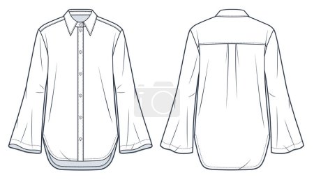 Illustration for Bell Sleeve Shirt technical fashion Illustration. Classic Shirt fashion flat technical drawing template, button down, collar, relaxed fit, front  and back view, white, women, men, unisex CAD mockup. - Royalty Free Image