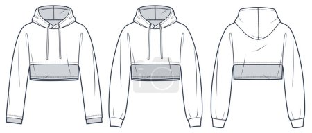 Crop Hoodie technical fashion illustration. Sweatshirt fashion flat technical drawing template, hood, relaxed fit, front and back view, whit and grey, women, men, unisex Top CAD mockup set.