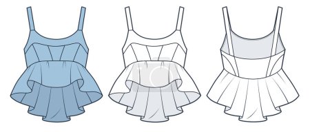 Illustration for Peplum Ruffle Top technical fashion illustration. Strappy Top fashion flat technical drawing template, slim fit, front and back view, white, light blue, women CAD mockup set. - Royalty Free Image