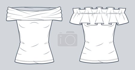Illustration for Off Shoulder Top technical fashion illustration. Ruffle Shirt fashion flat technical drawing template, slim fit, front view, white, women Top CAD mockup set. - Royalty Free Image