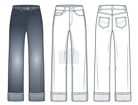 Illustration for Cropped Jeans Pants technical fashion illustration. Cuff Denim Pants fashion flat technical drawing template, hight waist, straight, pockets, front and back view, white, grey, women, men, unisex CAD mockup set. - Royalty Free Image