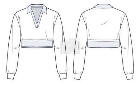 Polo Shirt technical fashion illustration. Cropped Polo Shirt fashion flat technical drawing template, long sleeve, v neck, relaxed fit, front and back view, whit and grey, women, men, unisex Top CAD mockup.