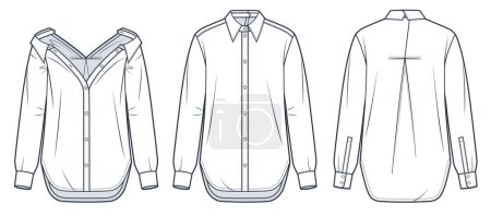 Illustration for Classic Shirt technical fashion Illustration. Basic Shirt with front and back button clisure fashion flat technical drawing template, transformer, front, back view, white, women, men, unisex CAD mockup set. - Royalty Free Image