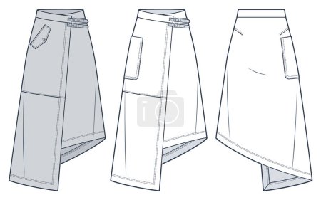 Illustration for Wrap Skirt technical fashion illustration. Asymmetric Skirt fashion flat technical drawing template, midi lengths, A-line, buckled, pocket, front and back view, white, grey, women CAD mockup set. - Royalty Free Image
