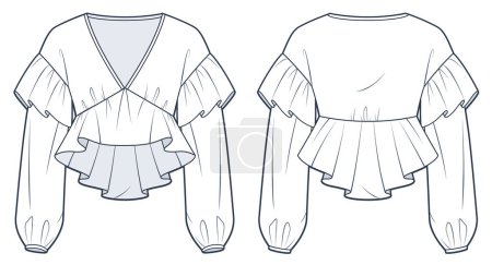 Ruffle Top technical fashion Illustration. Ruffle Blouse fashion flat technical drawing template, v-neck, balloon long sleeve, peplum, front and back view, white, women Top CAD mockup.