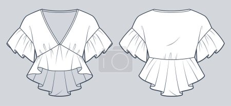 Ruffle Top technical fashion Illustration. Peplum Blouse fashion flat technical drawing template, v-neck, short sleeve, peplum, front and back view, white, women Top CAD mockup.