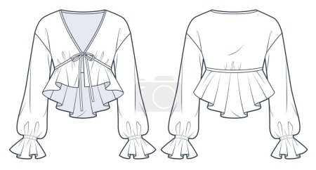 Ruffle Crop Blouse technical fashion Illustration. Balloon Sleeve Top fashion flat technical drawing template, v-neck, bow tie, peplum, front and back view, white, women Top CAD mockup.