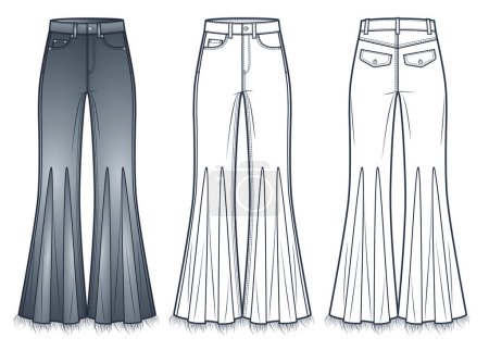 Flared Jeans technical fashion illustration. Godet Denim Pants fashion flat technical drawing template, raw hem, high waist, flared fit, full length, front and back view, white, grey, women, men, unisex CAD mockup set.