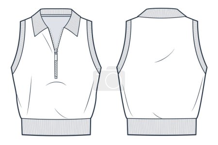 Polo Shirt technical fashion illustration. Half Zip Crop Top fashion flat technical drawing template, polo collar, ribbed, front and back view, white, women, men, unisex CAD mockup.