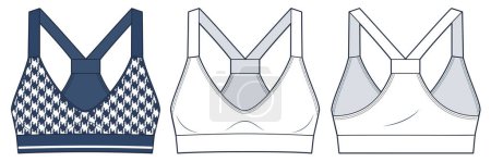 Sports Bra technical fashion illustration, houndstooth pattern. Crop Top fashion flat technical drawing template, straps, slim fit, front and back view, white, blue, women Top CAD mockup set.