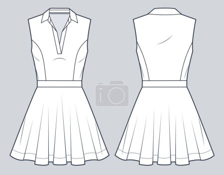 Polo Dress technical fashion illustration. Flare Dress fashion flat technical drawing template, sleeveless, v neck, mini length, front and back view, white, women Jersey Dress CAD mockup.