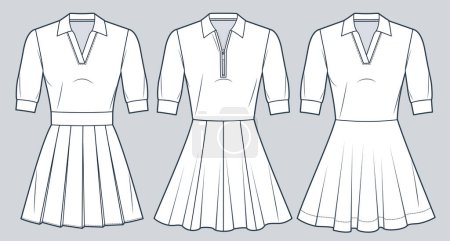 Set of Polo Dress technical fashion illustration. Flared Dress fashion flat technical drawing template, half sleeve, v neck, pleated, mini length, front view, white, women Dress CAD mockup.