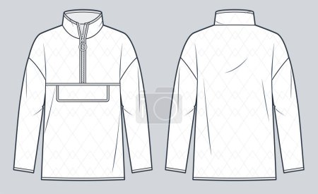 Down Jacket technical fashion Illustration. Unisex Lightweight Anorak fashion flat technical drawing template, quilted, pocket, half zipper, front and back view, white, women, men, unisex CAD mockup.