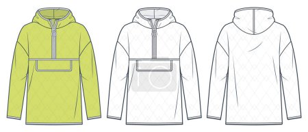 Hooded Jacket technical fashion Illustration. Unisex Lightweight Anorak fashion flat technical drawing template, quilted, pocket, half zipper, front and back view, white, lime color, women, men, unisex CAD mockup.