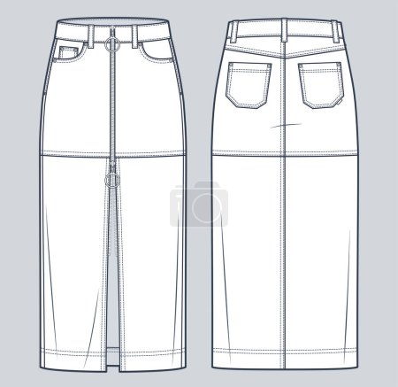 Illustration for Denim Skirt technical fashion illustration. Leather Skirt fashion flat technical drawing template, front zipper, pockets, front slit, midi length, front and back view, white, women CAD mockup. - Royalty Free Image