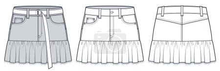 Ruffle Mini Skirt technical fashion illustration. Destroyed Raw Hem Denim Skirt fashion flat technical drawing template, pockets, belt, front and back view, white, grey, women, men, unisex CAD mockup set.