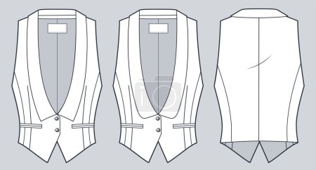  Plunging Vest Jacket technical fashion illustration. Classic Vest Jacket fashion flat technical drawing template, shawl collar, front and back view, white, women, men, unisex CAD mockup set.