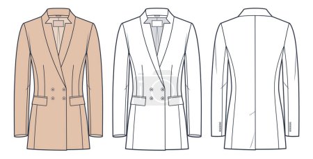 Classic Jacket technical fashion illustration. Double Breasted Jacket, Blazer fashion flat technical drawing template, front and back view, white, beige color, women, men, unisex CAD mockup set.
