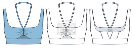 Sports Bra technical fashion illustration, blue design. Drawstring Crop Top fashion flat technical drawing template, cutout, front and back view, white, women CAD mockup set.