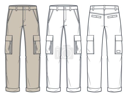 Cargo Pants technical fashion Illustration. Denim Pants fashion flat technical drawing template, pockets, front and back view, white, beige, women, men, unisex CAD mockup set.