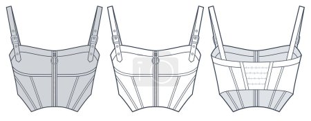 Corset Top technical fashion Illustration. Zipped Crop Top fashion flat technical drawing template, buckle strap, elastic detail back, slim fit, front and back view, white, grey, women CAD mockup set.