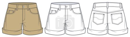Denim Shorts technical fashion illustration. Cuffed Short Pants fashion flat technical drawing template, front, back view, white, camel brown, women, men, unisex CAD mockup set.