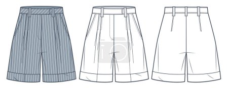 Cuff Shorts technical fashion illustration, striped design. Classic Short Pants fashion flat technical drawing template, high waist, pockets, front and back view, white, grey, women, men, unisex CAD mockup set.