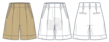Classic Shorts technical fashion illustration, striped design. Cuff Short Pants fashion flat technical drawing template, high waist, pockets, front and back view, white, beige, women, men, unisex CAD mockup set.