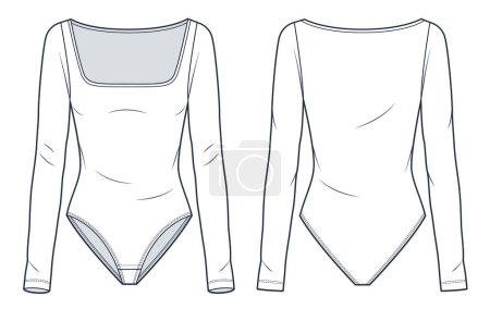 Square Neck Body technische Mode Illustration. Langarm Body Mode flache technische Zeichnungsvorlage, schlanke Passform, Vorder- und Rückansicht, weiß, Frauen Top CAD-Attrappe.
